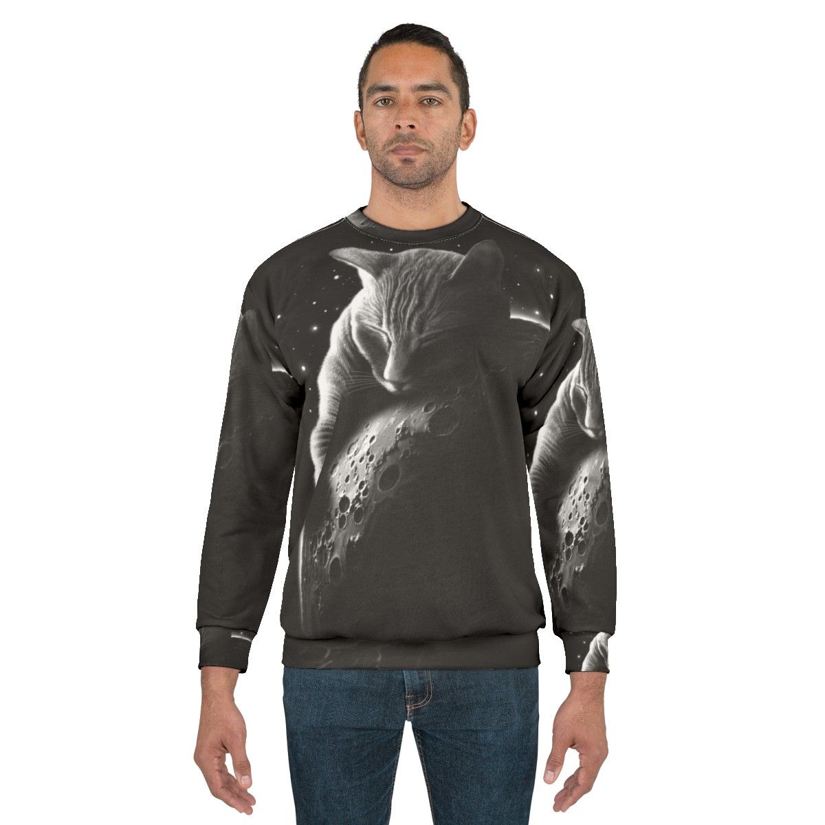 Mooncat Sweatshirt featuring a cat in a space suit against a starry night sky - men