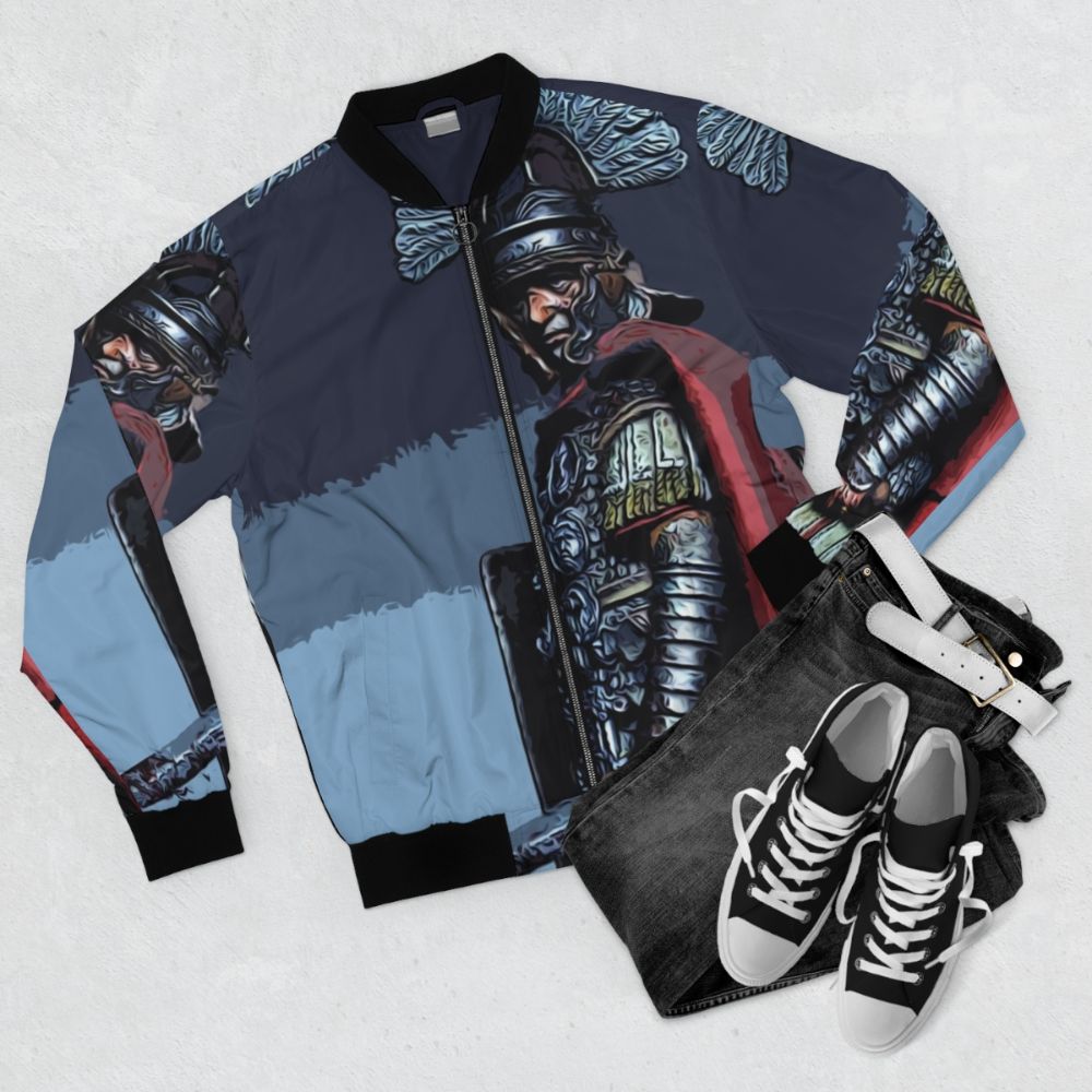 Warrior-inspired Roman Centurion bomber jacket with ancient designs - Flat lay