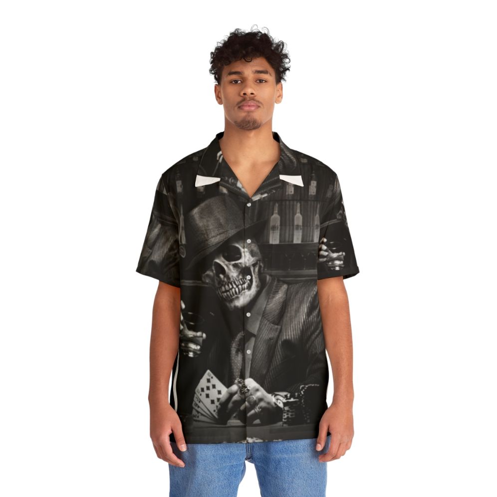 A dead gangster skeleton print Hawaiian shirt for a cool and spooky Halloween look - People Front