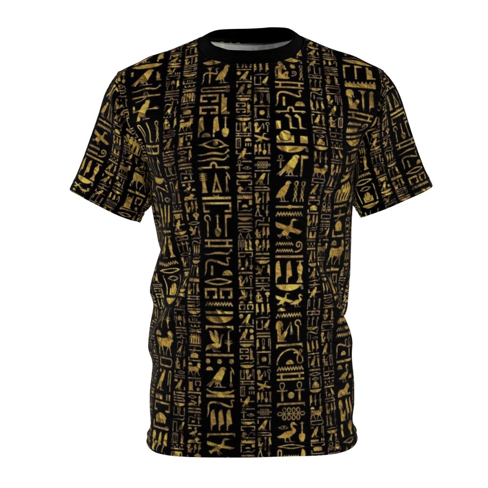 Vintage Egyptian hieroglyphic design printed on a black t-shirt