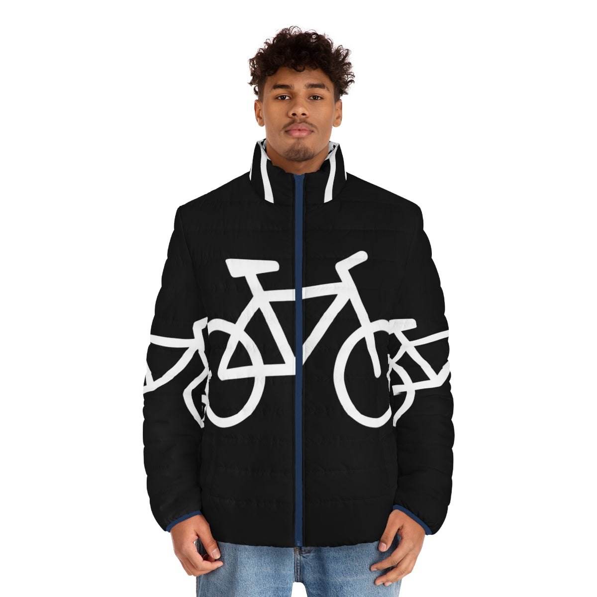 White puffer jacket with a bicycle t-shirt design - men front