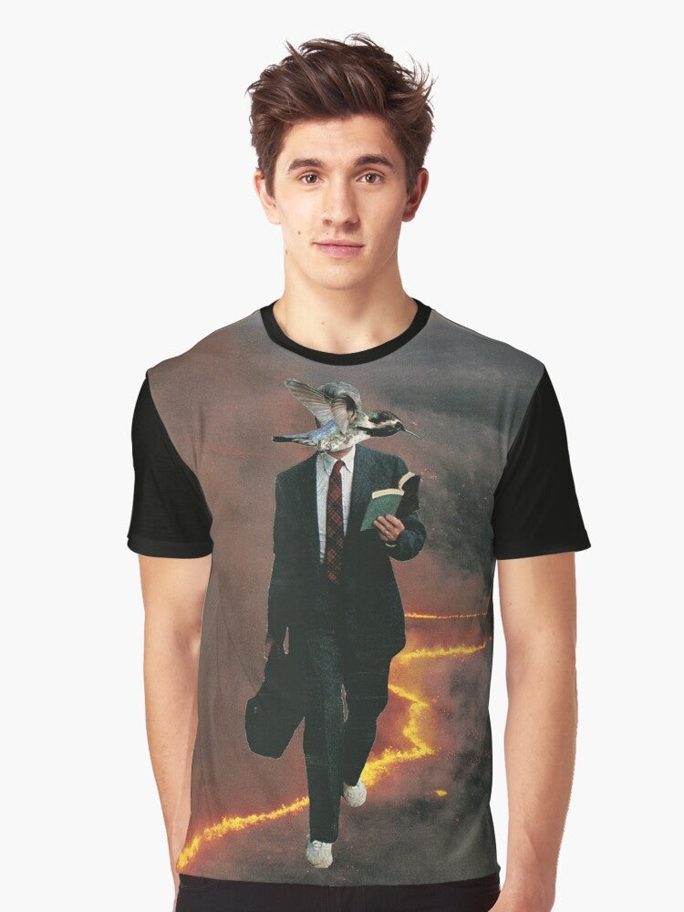 Surreal collage graphic t-shirt featuring a midlife crisis themed design - Men