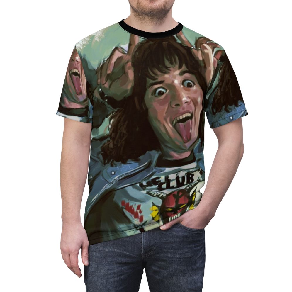 Portrait art t-shirt featuring Eddie Munson from the Netflix series Stranger Things - men front