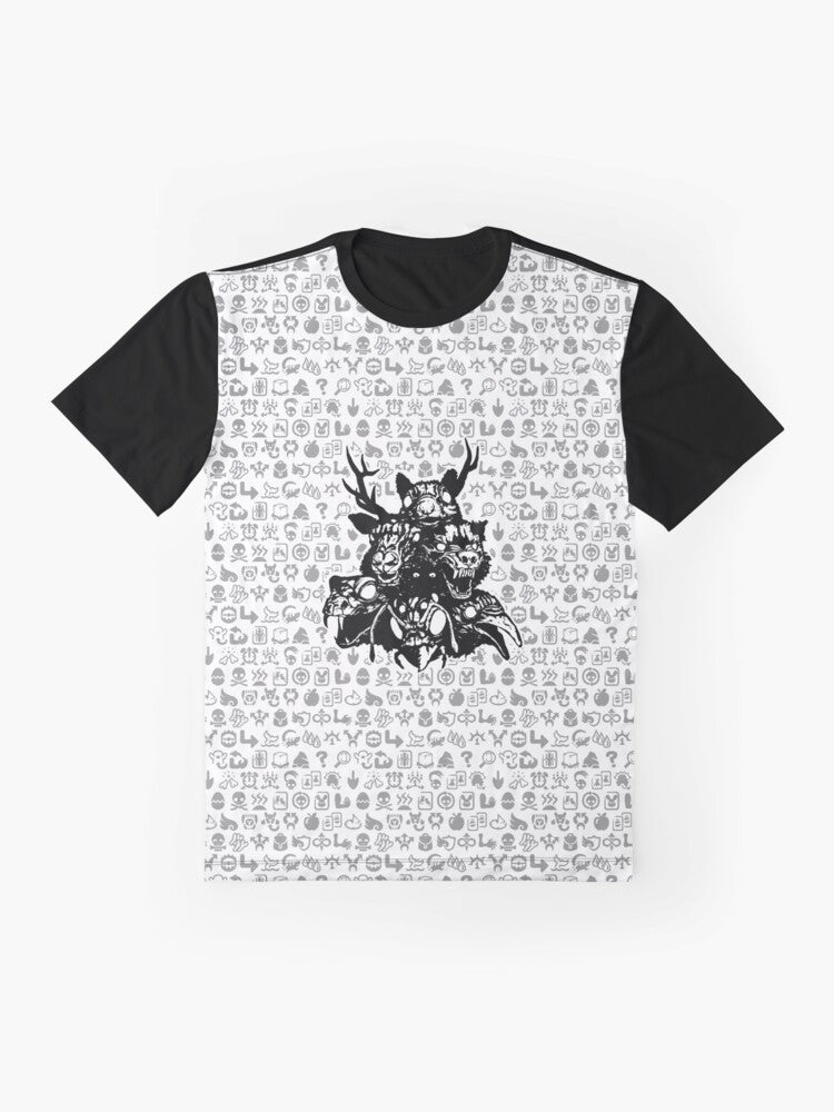 Graphic t-shirt featuring totems with animal sigils including wolf, elk, squirrel, reptile, insect, and raven - Flat lay