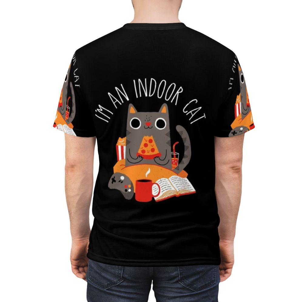 Stylish indoor cat t-shirt for cat lovers who enjoy reading books and playing video games - men back