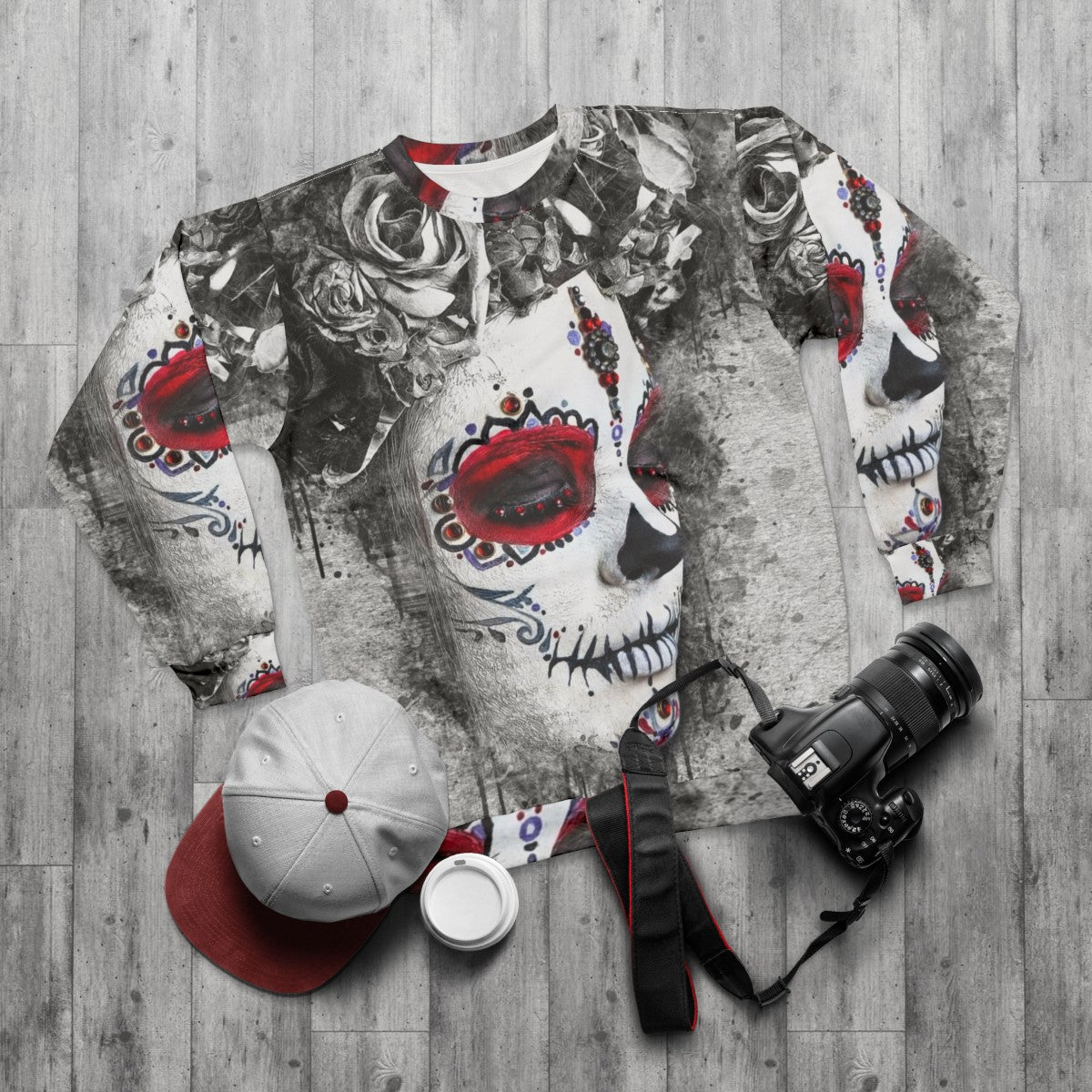 Boho sugar skull watercolor design sweatshirt - flat lay