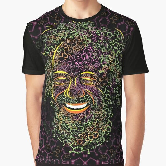 Alexander Shulgin psychedelic portrait graphic t-shirt featuring MDMA and 2C-B molecules