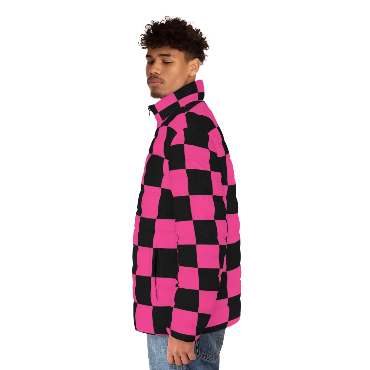 Black and pink checkerboard pattern puffer jacket for women - men side left