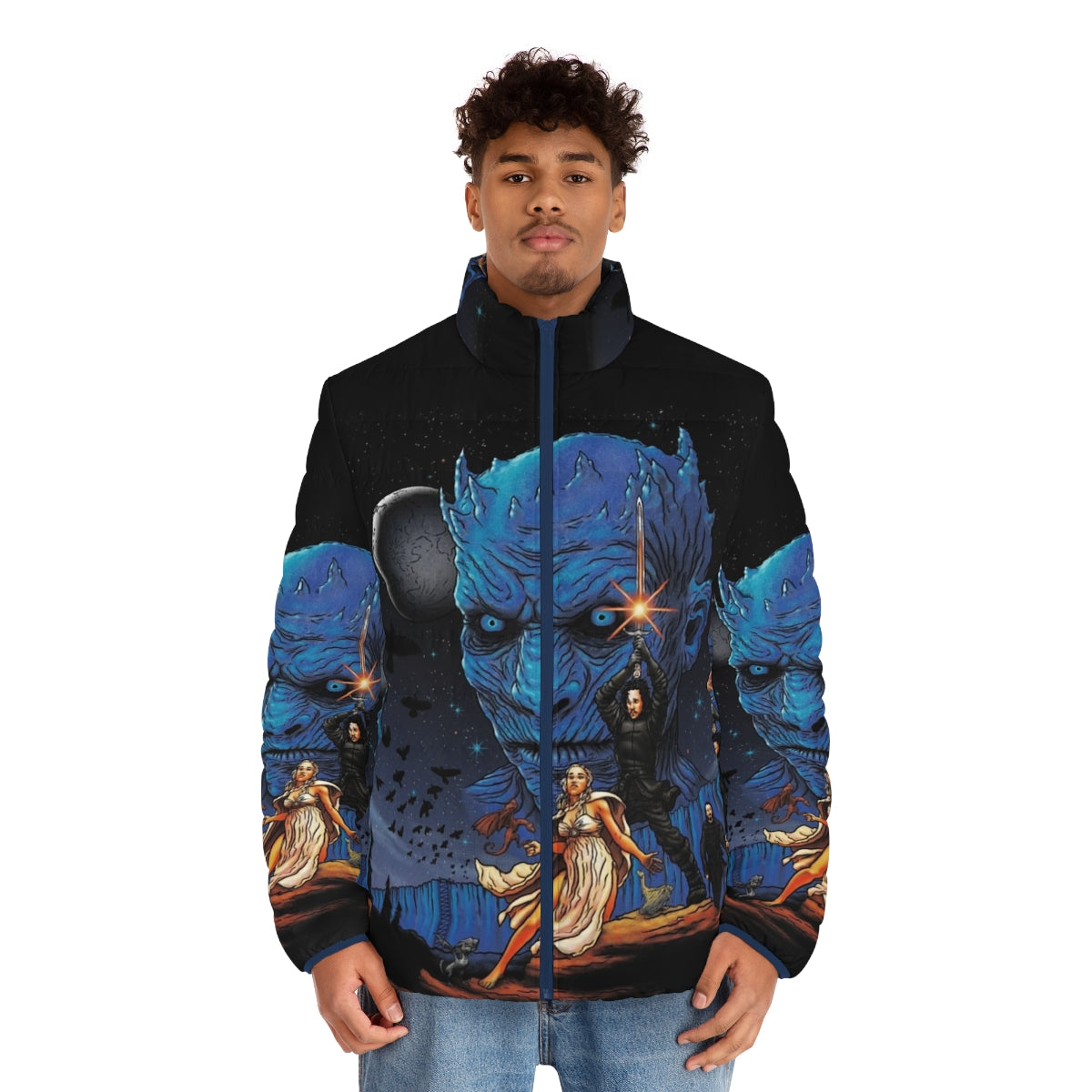 Throne Wars Puffer Jacket featuring a dragon, night king, and other Game of Thrones elements - men front