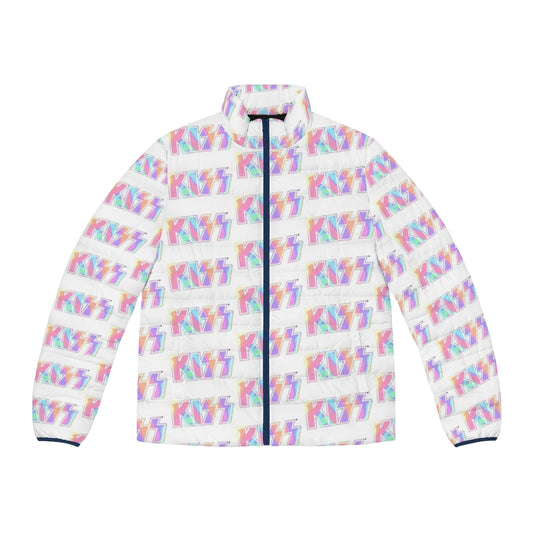 Pastel tie dye puffer jacket with Kiss the Band logo