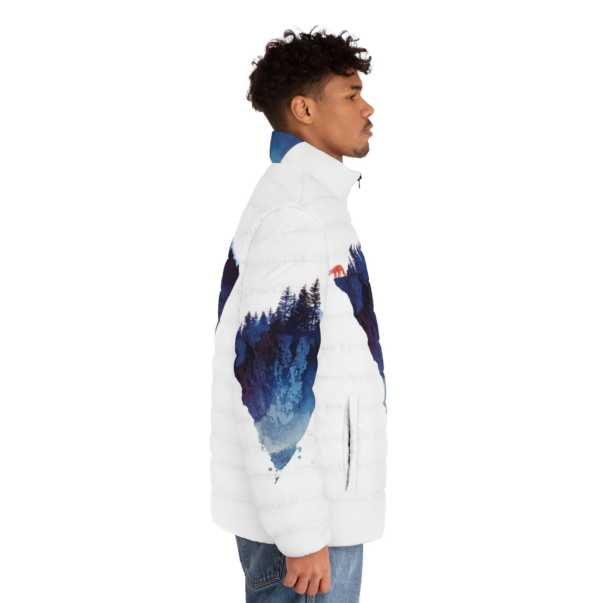 Watercolor-inspired puffer jacket featuring a fox design in a forest setting - men side right