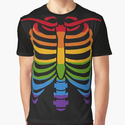 LGBTQ Pride Skeleton Graphic T-Shirt with Rainbow Ribcage