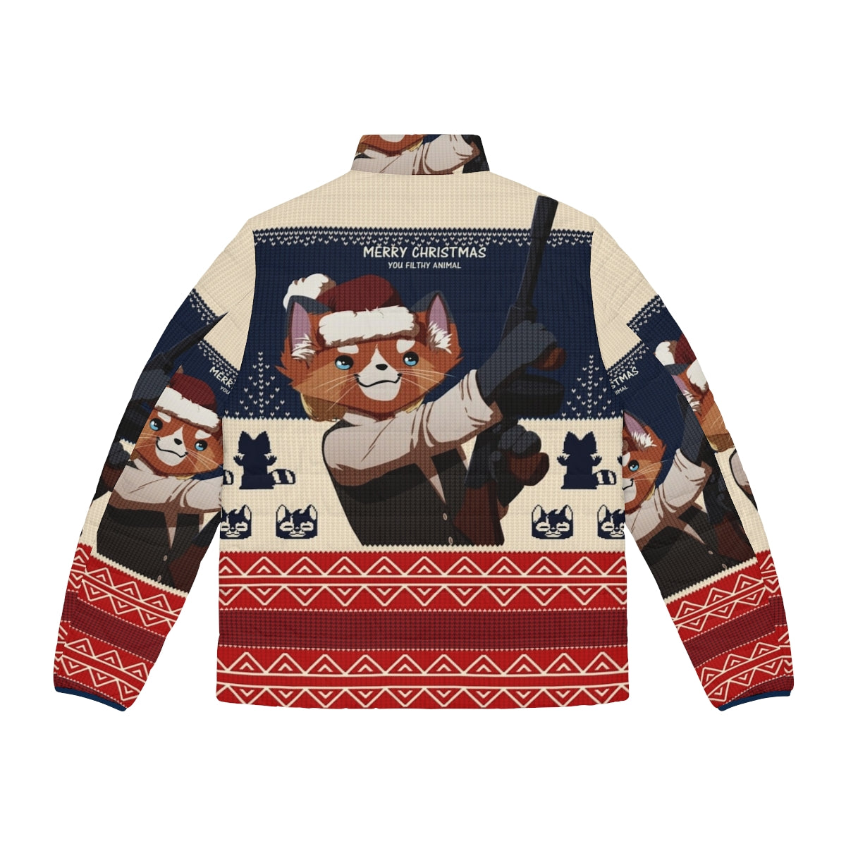 Puffer jacket with "Merry Christmas You Filthy Animal" design, perfect for the holidays - Back