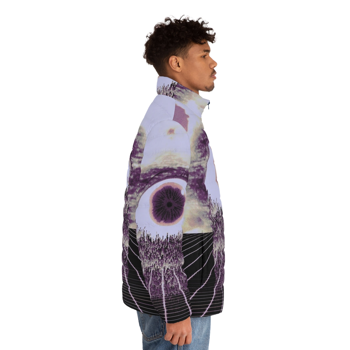 Puffer jacket with surreal glitch art and pixel design - men side right