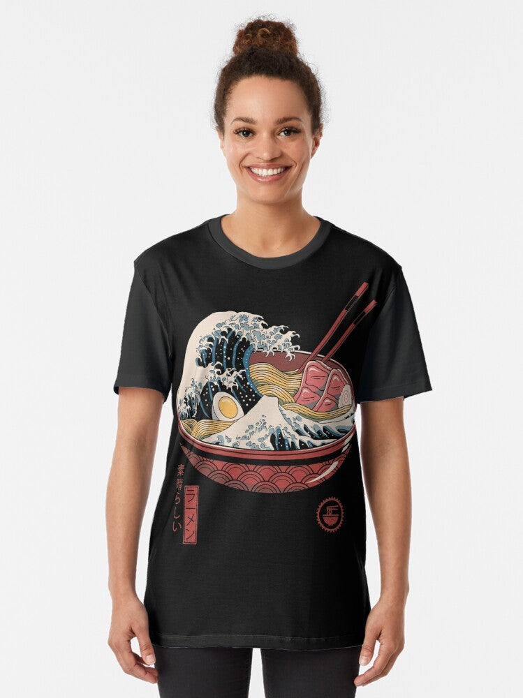 Graphic t-shirt depicting the iconic "The Great Wave off Kanagawa" design with ramen noodles - Women