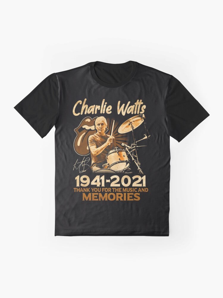 "Thank You For The Memories Charlie Watts" graphic t-shirt design featuring text and tribute to the late Rolling Stones drummer - Flat lay