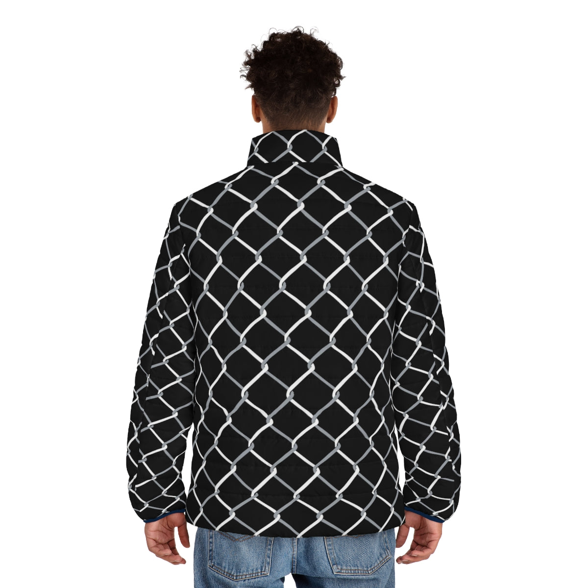 A chain link puffer jacket in black color, perfect for winter outerwear - men back