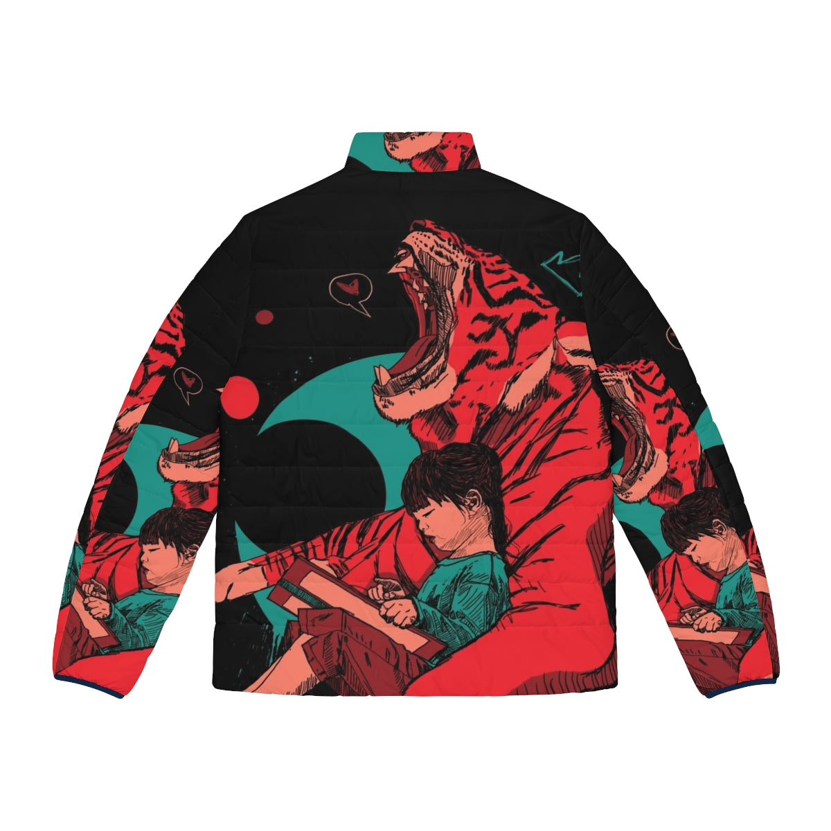 Puffer jacket with tiger and girl graphic in a storybook-inspired fantasy design - Back