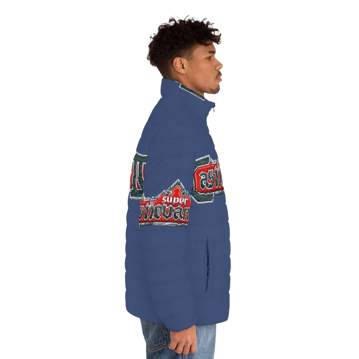 Super Castlevania Logo Puffer Jacket - Retro Video Game Merchandise - men side right