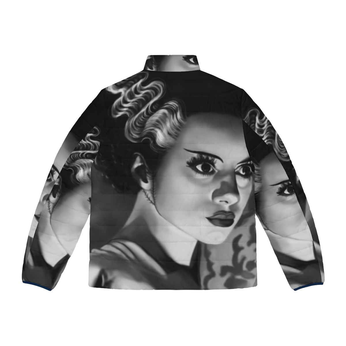 A gothic and spooky puffer jacket inspired by the Bride of Frankenstein - Back