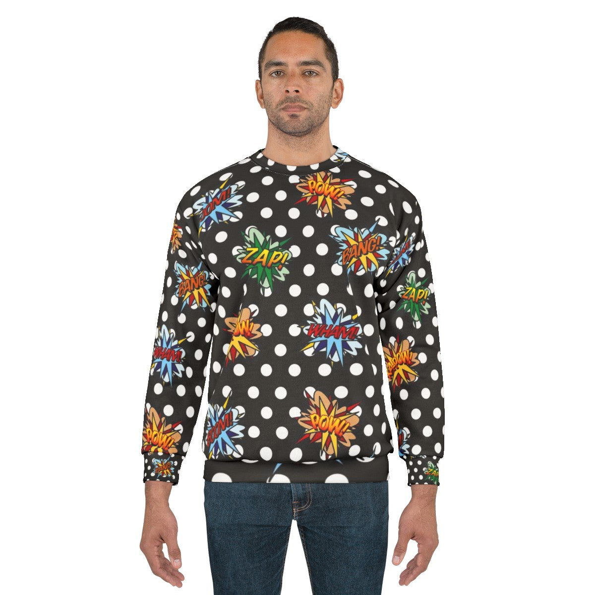 Pop art comic book inspired sweatshirt with modern graphic design - men