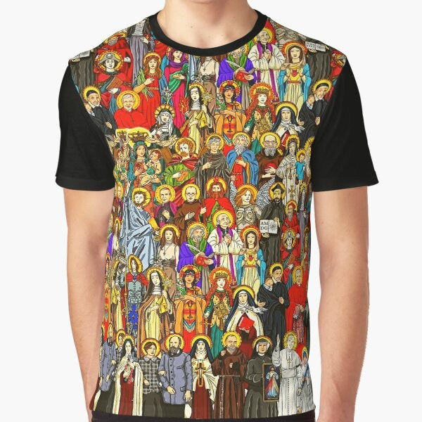 Catholic Saints Graphic T-Shirt with images of Padre Pio, John Paul II, St. Francis, St. Antonio, and more Christian symbols