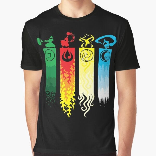 Avatar: The Legend of Aang Graphic T-Shirt featuring Aang and the four elements of water, fire, air, and earth.