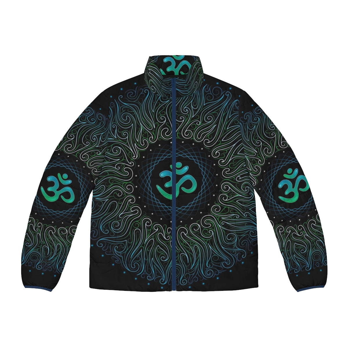 Pranava Yoga Shanti Om Mandala Puffer Jacket featuring spiritual, psychedelic, and visionary art design