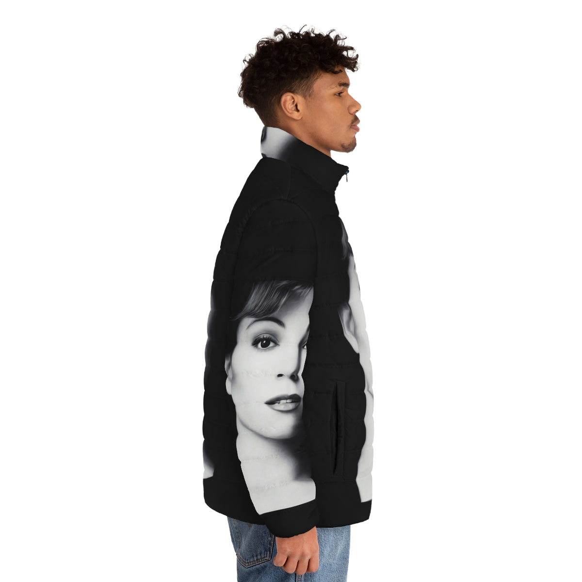 Realistic illustration of a legendary music artist wearing a classic 1995 puffer jacket - men side right