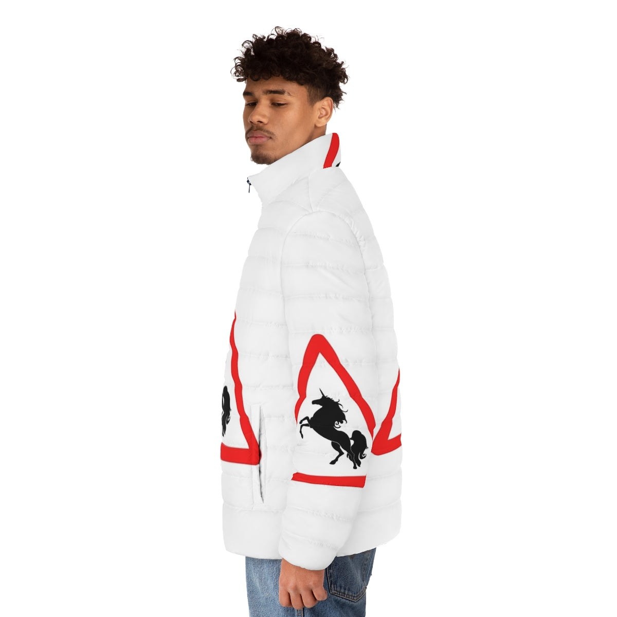 Person wearing a puffer jacket featuring colorful legendary animals like unicorns and dragons - men side left