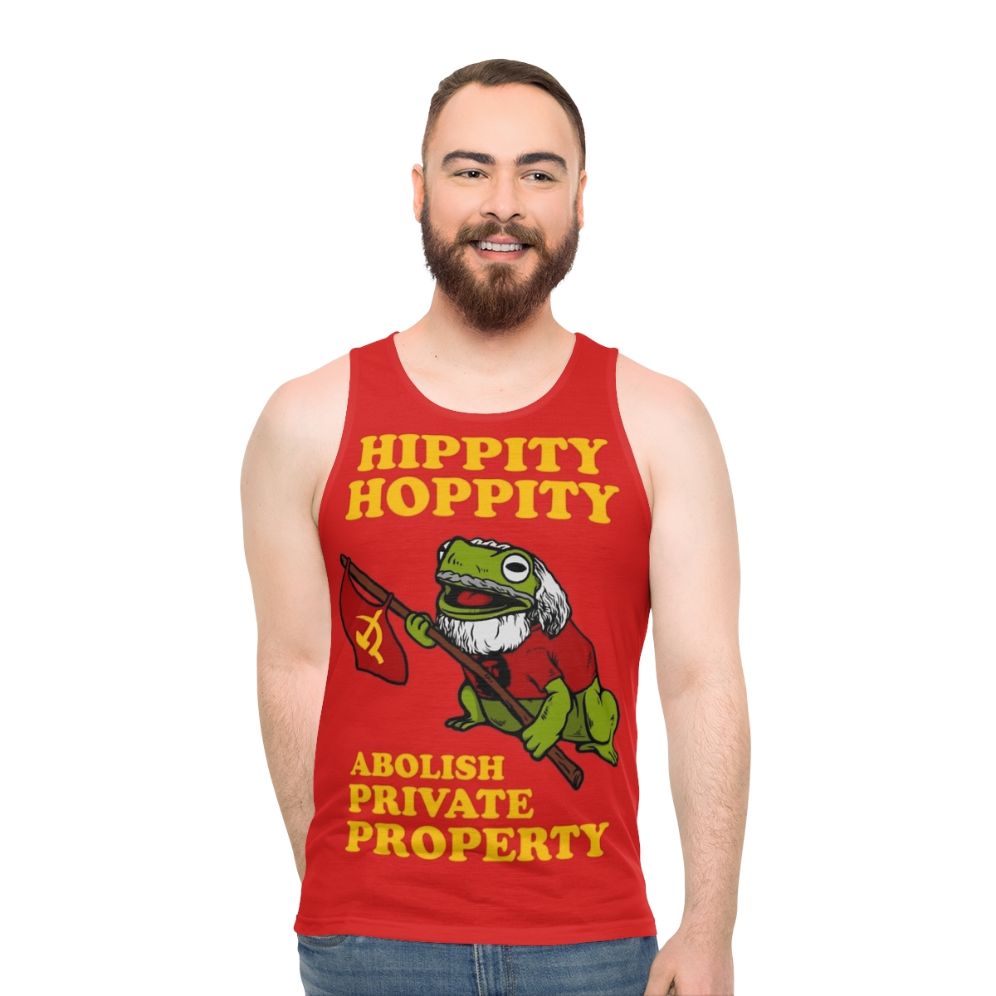 Unisex tank top with "Hippity Hoppity Abolish Private Property" design - men