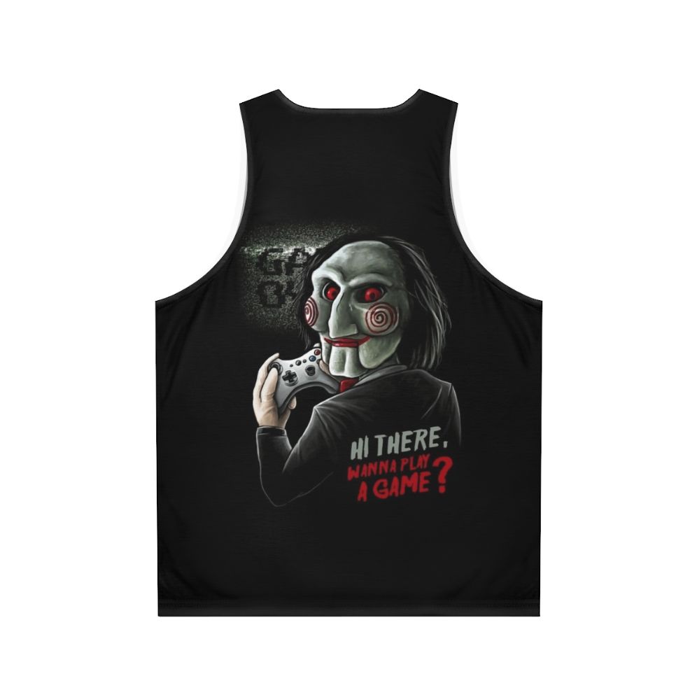 Unisex Wanna Play a Game tank top for horror movie and video game fans - Back