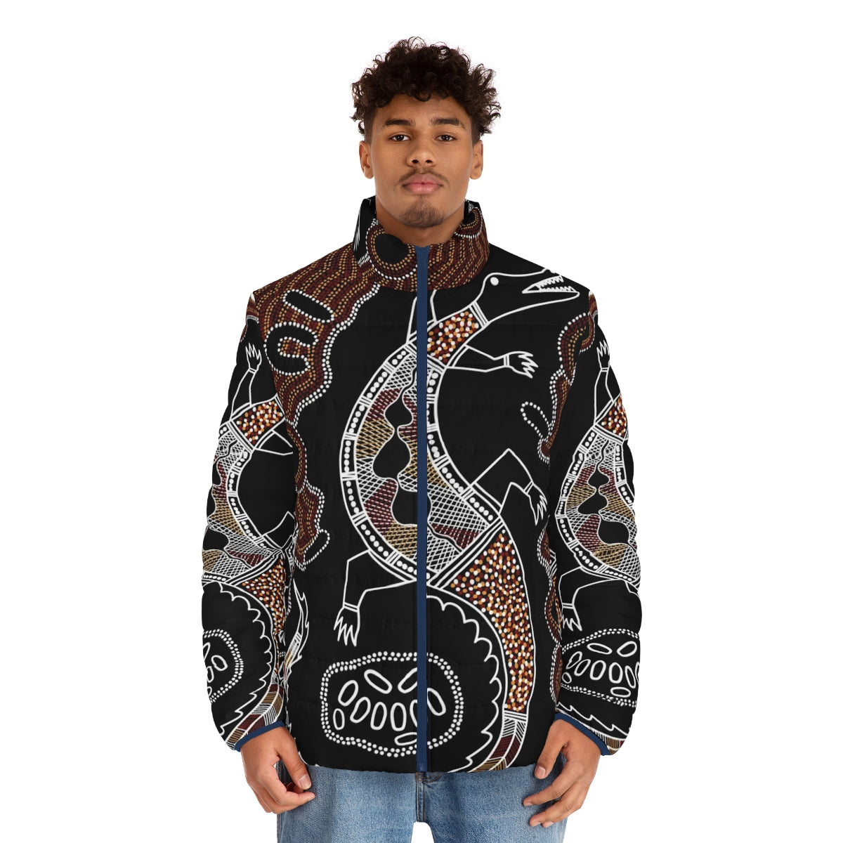 Authentic Aboriginal Art Crocodile Puffer Jacket with Traditional Artwork - men front