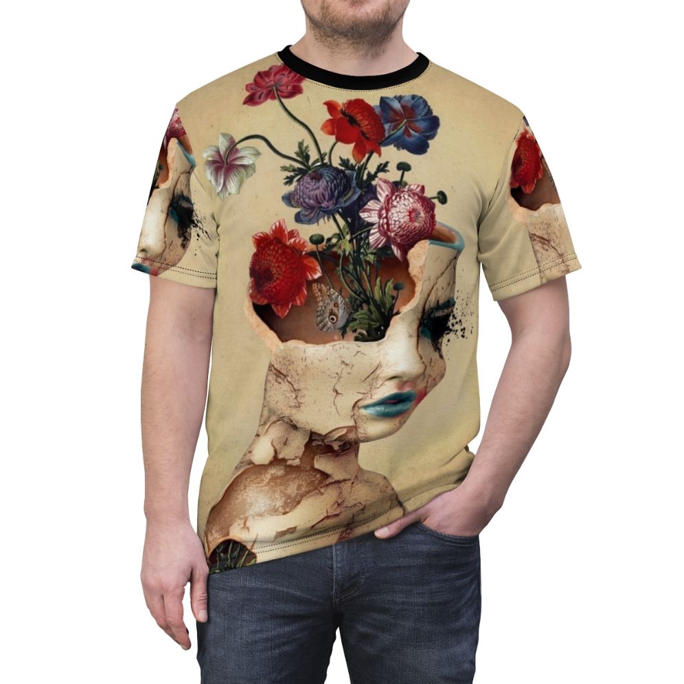 Vintage floral digital art design featuring a woman, flowers, and a butterfly on a t-shirt. - men front