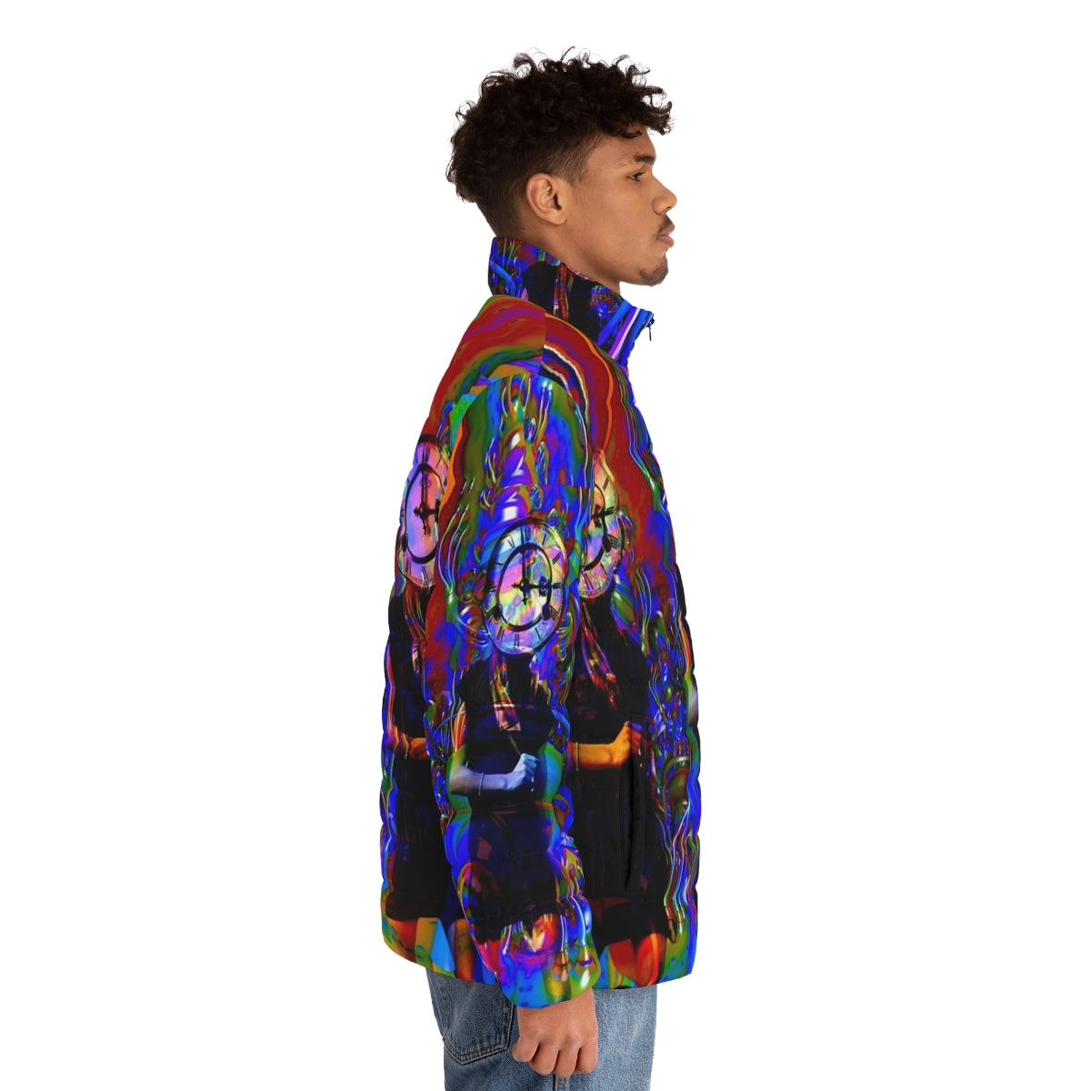 Colorful and abstract clockwork puffer jacket - men side right