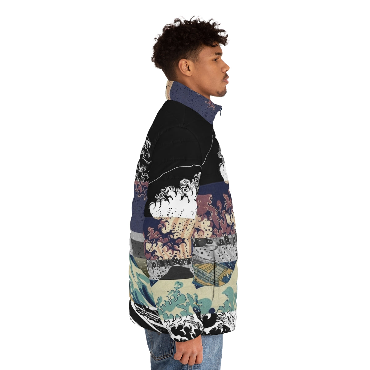 A puffer jacket featuring the iconic "Great Wave off Kanagawa" design with a color glitch effect, inspired by Japanese art and Tumblr aesthetics. - men side right