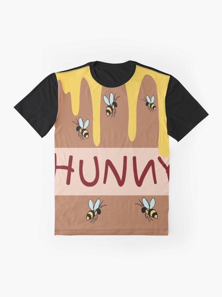 Graphic illustration of a honey bear and honey pot on a t-shirt for kids - Flat lay