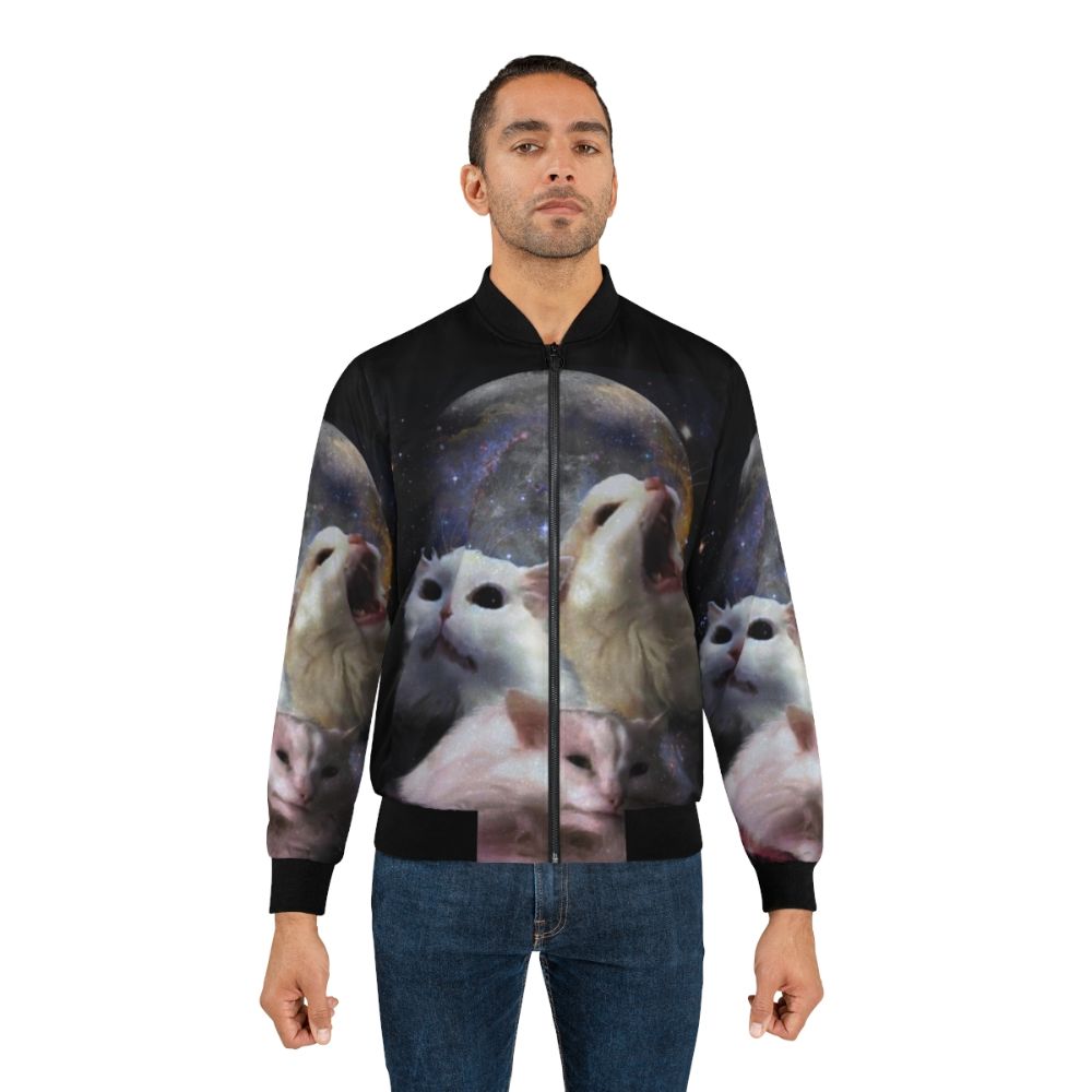 A bomber jacket featuring a graphic design of Thurston the cat on the moon. - Lifestyle