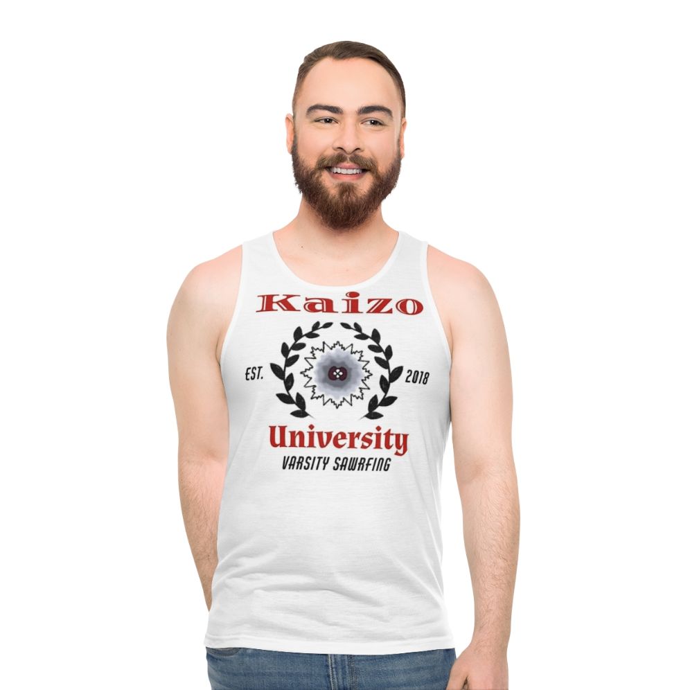 Varsity-style unisex tank top with sawrfing and saw blade design - men