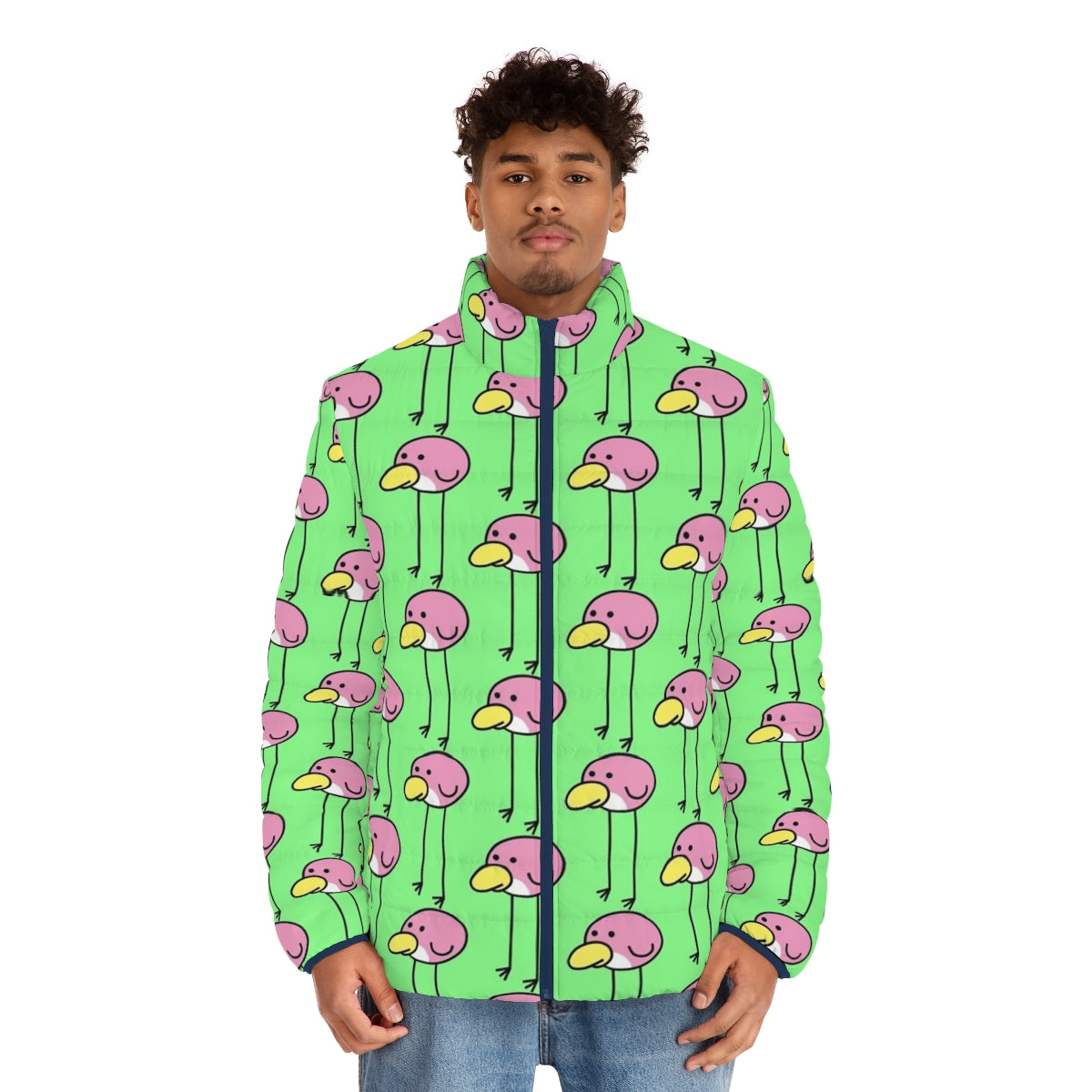 Flock Step Puffer Jacket featuring bird-themed design inspired by Nintendo's Rhythm Heaven series - men front