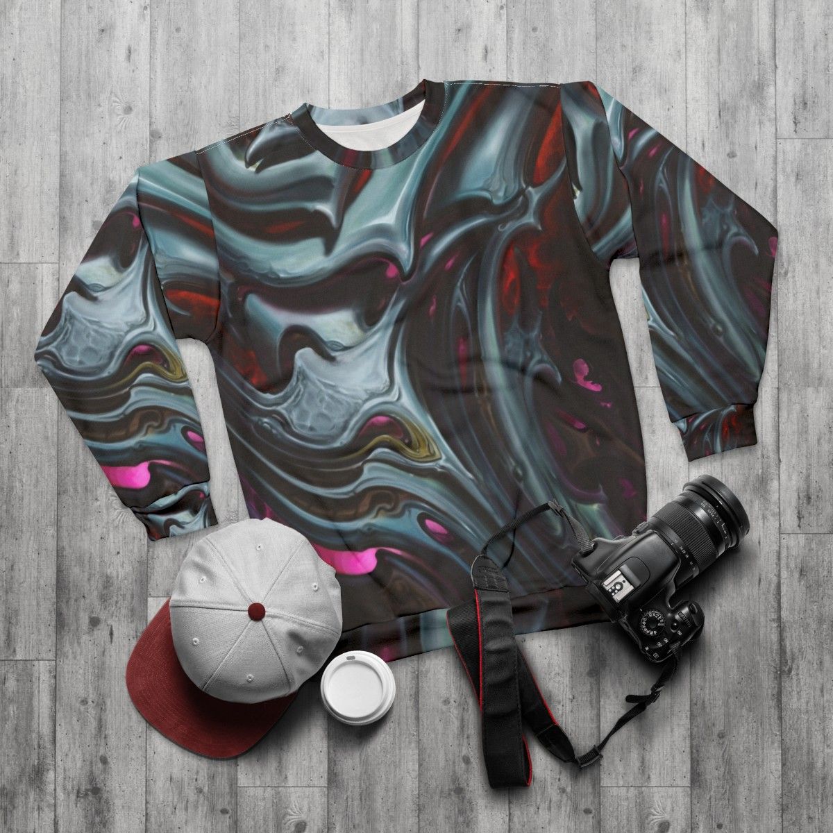 Bioorganic dark design sweatshirt with biomechanical and tattoo-inspired patterns - flat lay