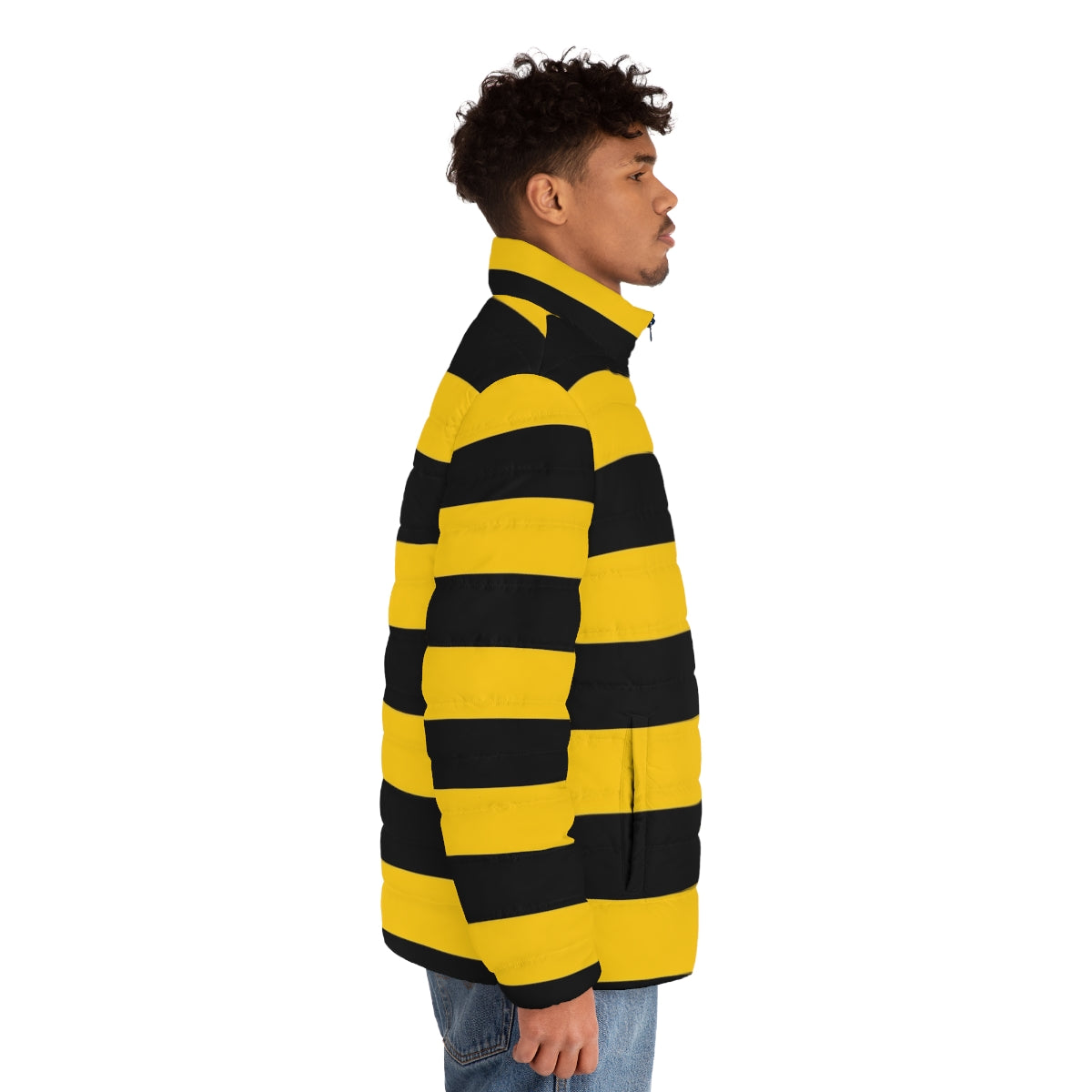 Puffer jacket with a vibrant bee pattern in black and yellow stripes - men side right