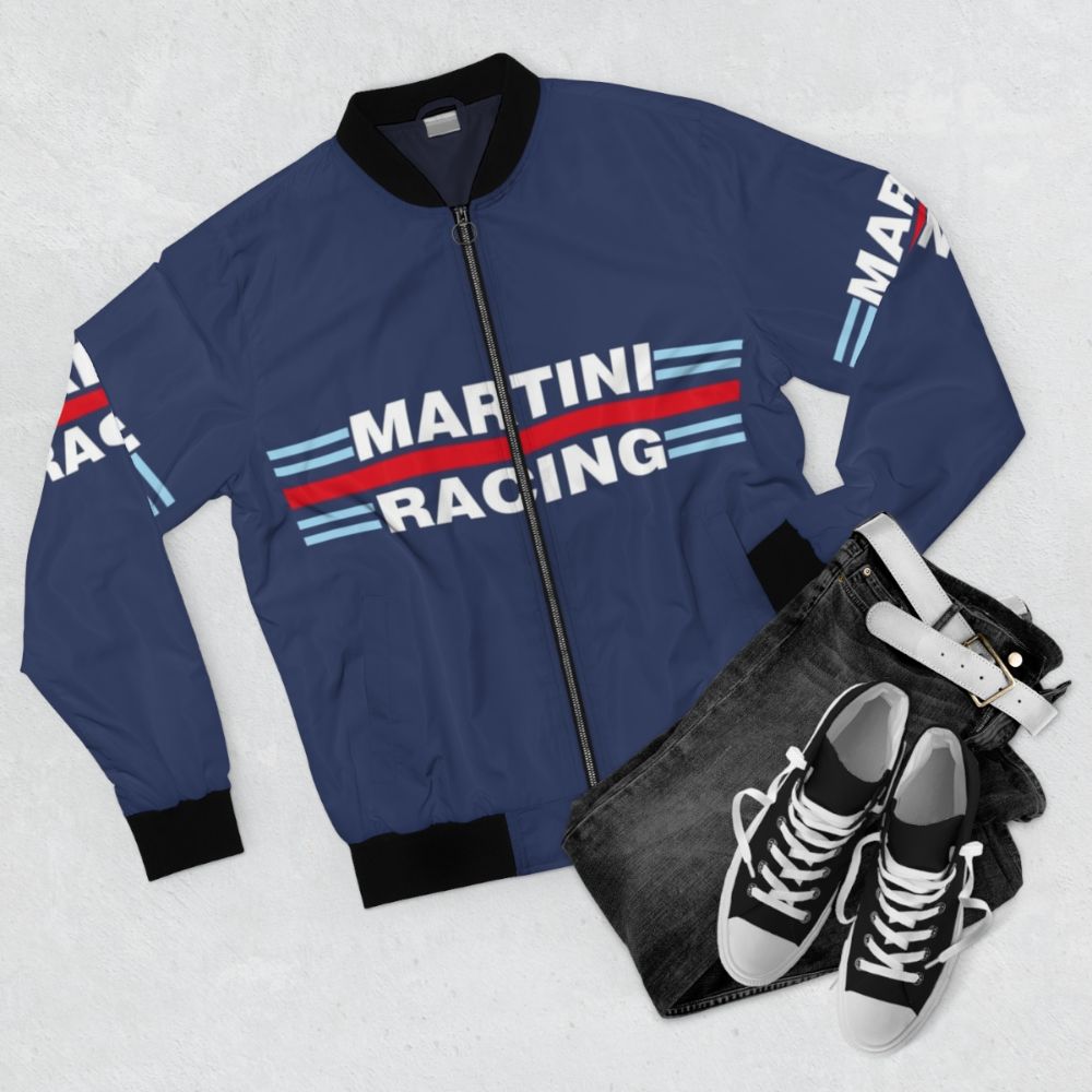 Vintage Martini Racing Bomber Jacket with car and racing graphic design - Flat lay