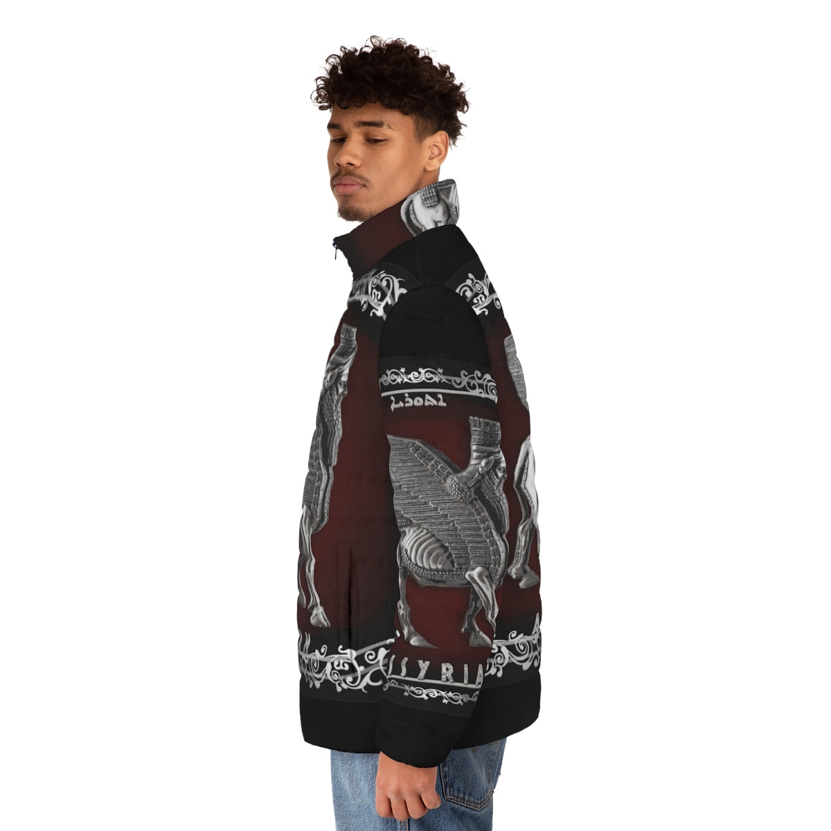 Silver puffer jacket featuring the Lamassu, an Assyrian mythological creature - men side left