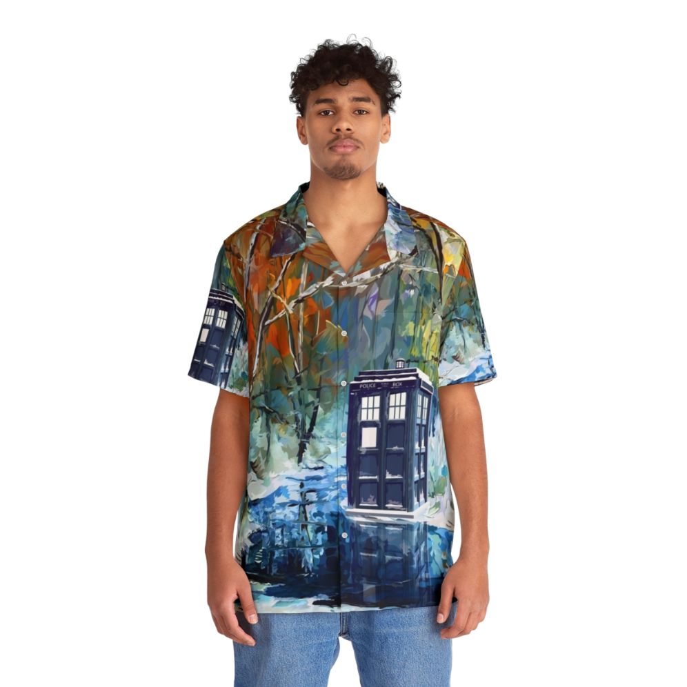 Blue Phone Booth Hawaiian Shirt with Winter Wonderland Scenery - People Front