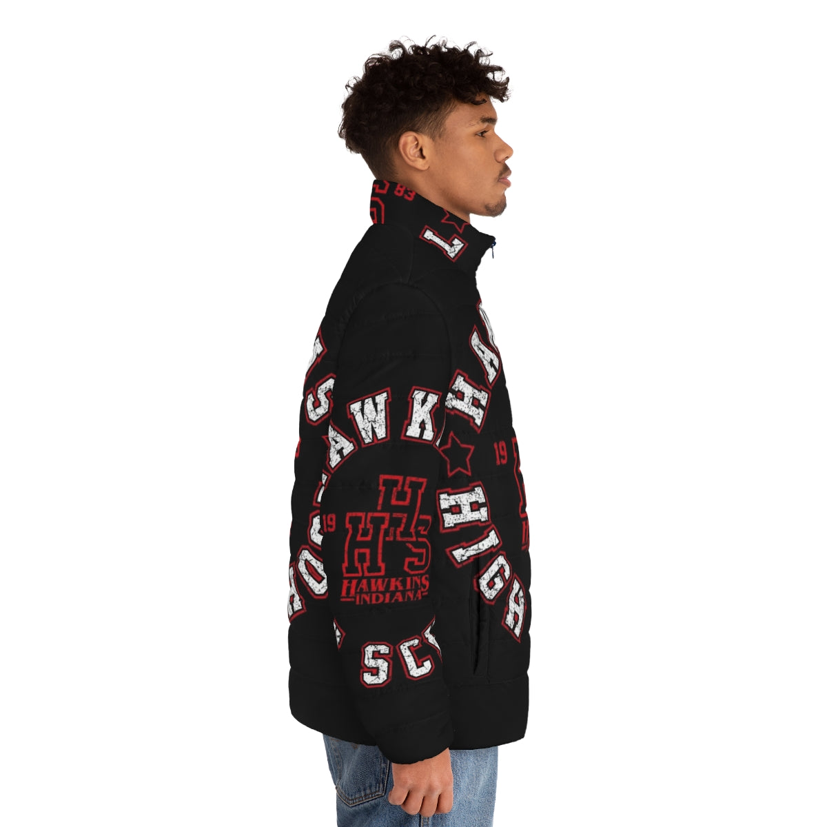 Retro '80s Hawkins High School Puffer Jacket inspired by Stranger Things - men side right