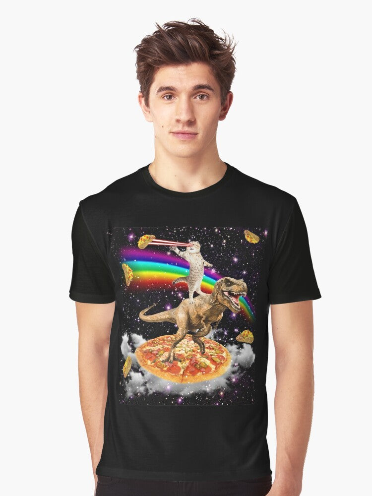 Galaxy Laser Cat on Dinosaur on Pizza Graphic T-Shirt - Men