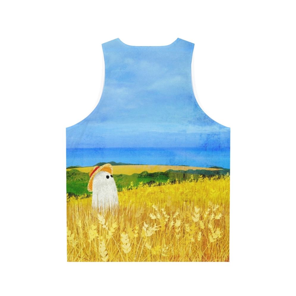 Unisex tank top with a ghost in a wheat field design - Back