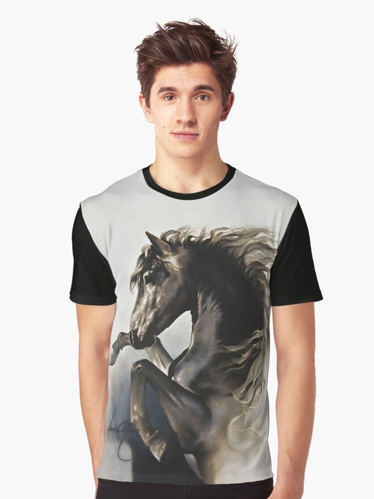 A majestic black stallion rearing up in a powerful graphic design on a black t-shirt. - Men