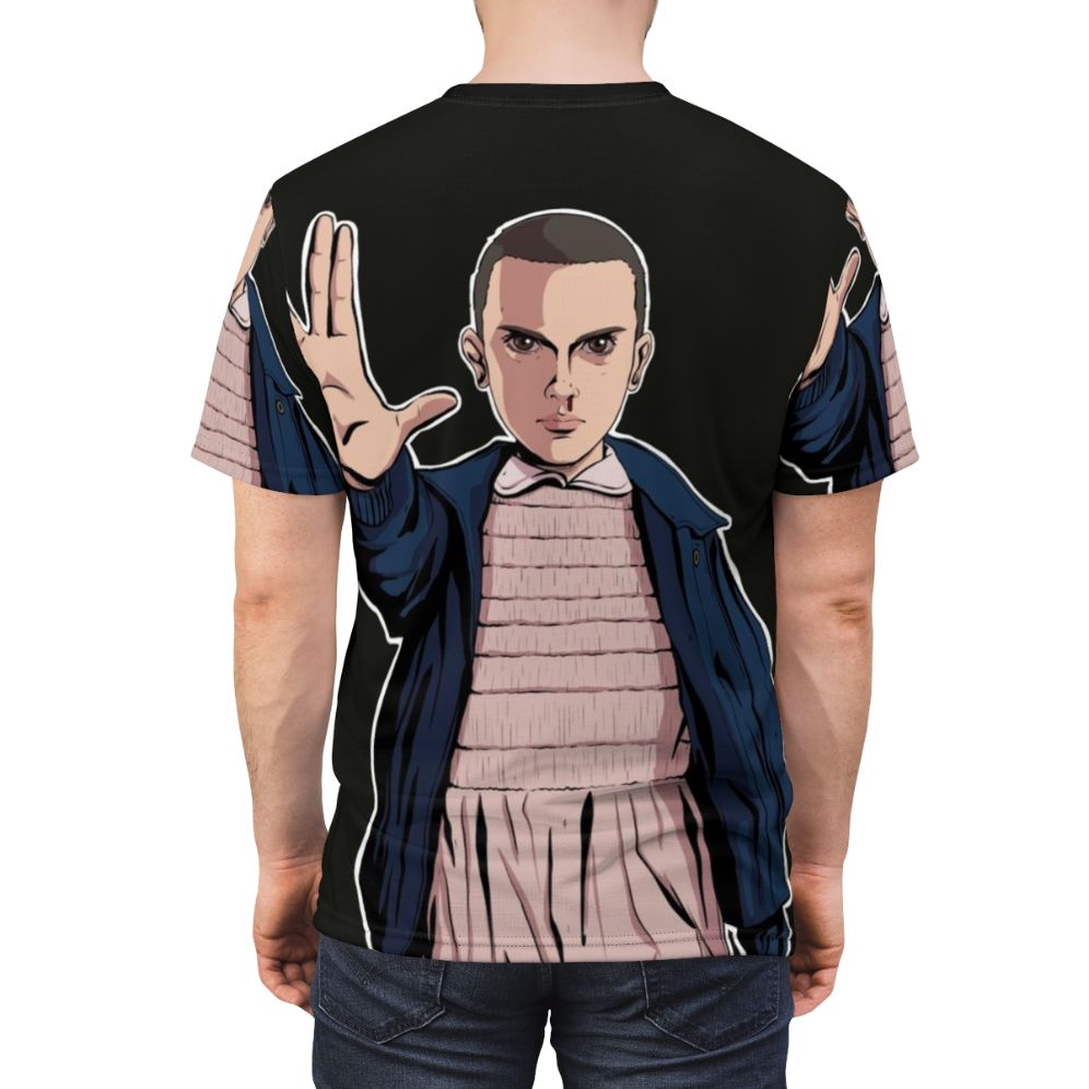 Illustration of Eleven from the Netflix series Stranger Things on an all-over-print t-shirt. - men back